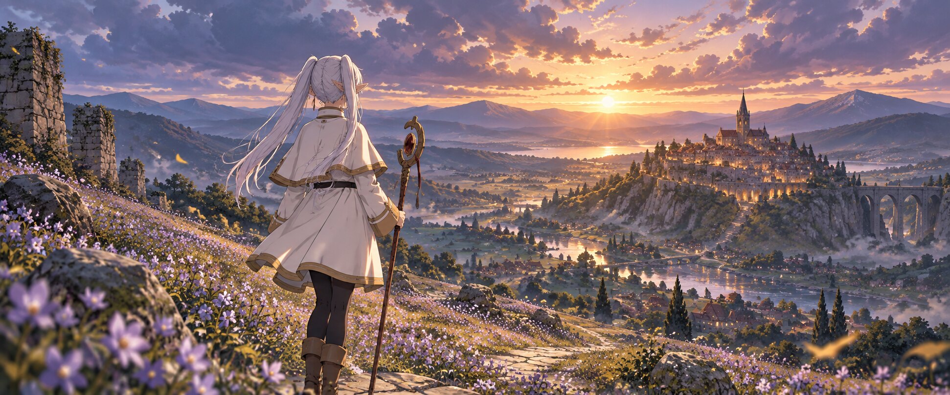 Frieren inspired illustration of an elven mage overlooking a valley at sunset