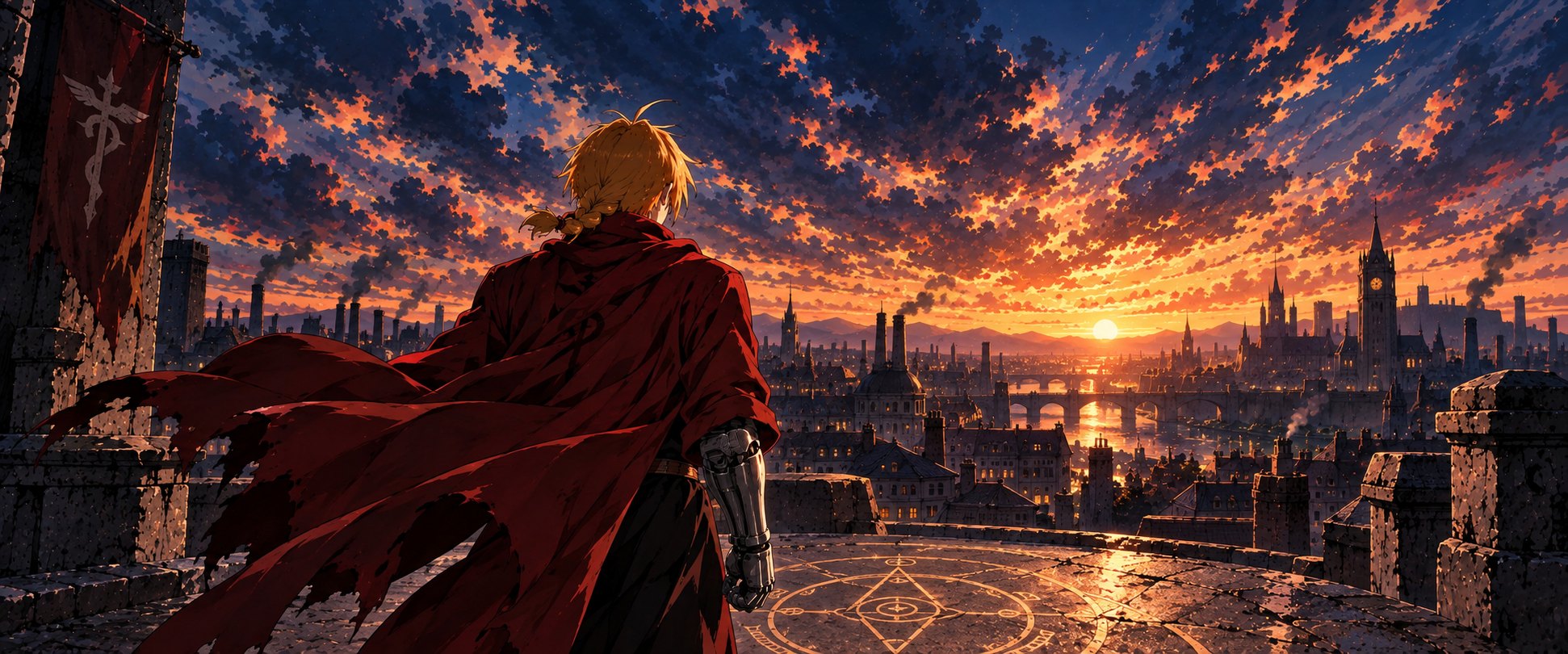 Fullmetal Alchemist inspired illustration of an alchemist overlooking a city