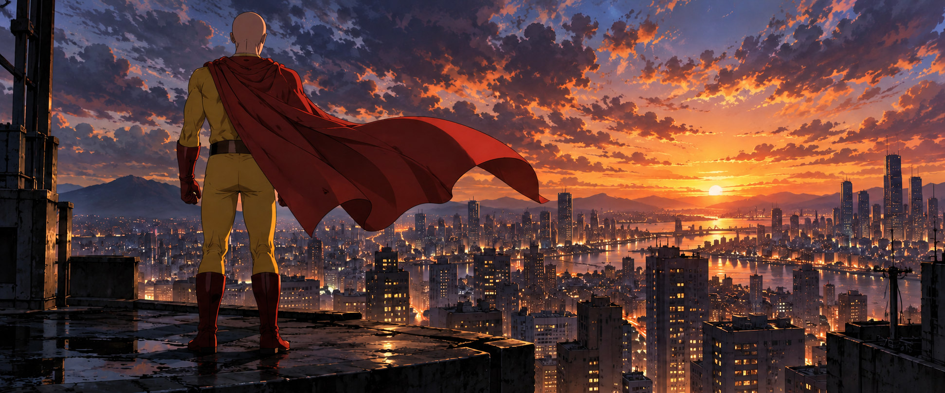One Punch Man inspired illustration of a caped hero overlooking a city