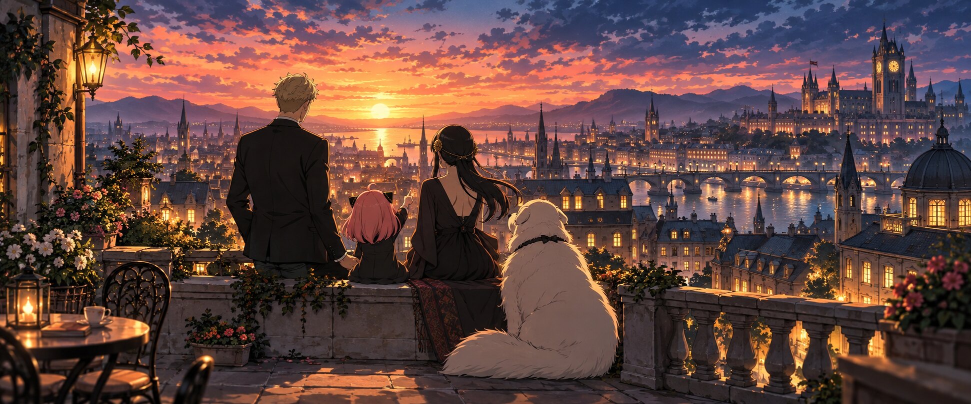 Spy x Family inspired illustration of a family watching a city at sunset